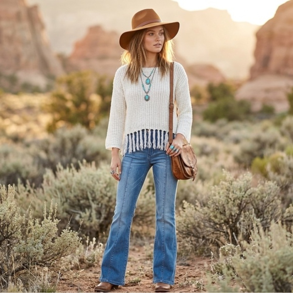 Altar'd State Chunky Open Knit Fringe Hem Sweater S Boho Coastal Western Indie